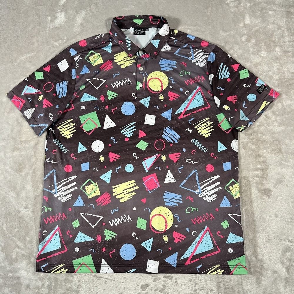 Sunday Swagger Golf Polo Mens 2XL 90's Multi AOP Geometric Performance Stretch